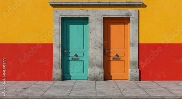 Fototapeta Colorful Doors on a Vibrant Wall Architecture Choice Concept