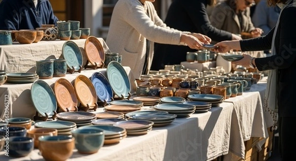 Fototapeta Handcrafted Ceramic Plates and Cups Displayed at Outdoor Market with Customers