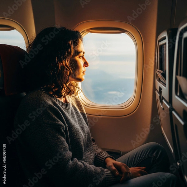 Obraz Woman seated by airplane window gazing outside, sunlight casting a warm glow on her face, peaceful travel moment captured in flight.
