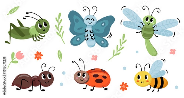 Fototapeta Cute insects set. Dragonfly, bee, butterfly, ladybug, ant, grasshopper. Cute bugs cartoon characters. Happy insects in kids style. Vector.