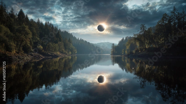 Obraz Solar eclipse reflected in calm lake surrounded by forest, dramatic sky and mirror-like water