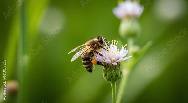 Fototapeta Honeybee collecting nectar on a delicate flower in a vibrant green meadow scene