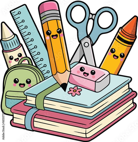 Obraz Adorable kawaii school supplies featuring books pencils eraser scissors and backpack