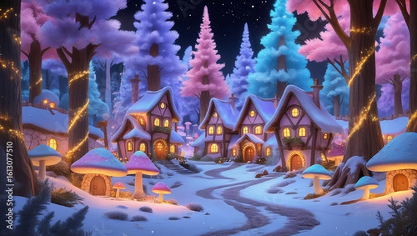 Fototapeta Beautiful pastel fantasy forest village with glowing fairy lights and snowy path, ideal for storybook art, magical prints, and cozy winter scenes.