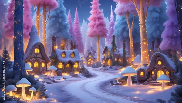 Fototapeta Fantasy winter forest village with glowing mushrooms and snowy rooftops, great for digital illustration, magical backdrops, and fairytale visuals.