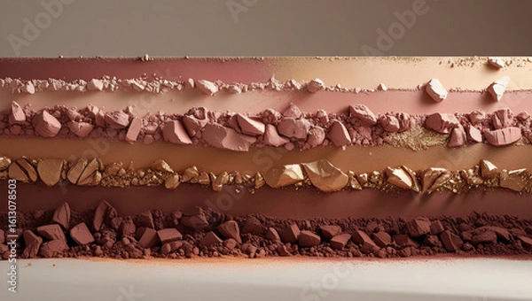 Fototapeta Makeup powders in dusty rose, bronze, and gold shimmer, ideal for cosmetic backgrounds, beauty branding, and product display.