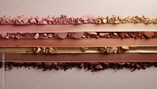 Fototapeta Horizontal bands of bronze, gold, cocoa, and rose powders with granules, great for fashion visuals, luxury product display, and cosmetic art.