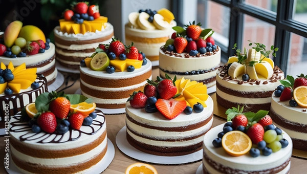 Fototapeta Dessert table filled with artisanal cakes and fruits, ideal for catalog visuals, cafe branding, and vibrant food photography projects.