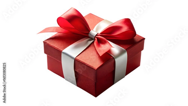 Fototapeta A sparkling red gift box adorned with a festive red and silver ribbon tied in a neat bow, presented from a slightly elevated angle, isolated on a transparent background