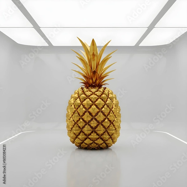 Fototapeta Golden Pineapple Made of Metal Cubes in a Futuristic Studio With Reflective Glass Floor