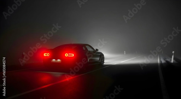 Fototapeta Silhouette of Car in Midnight Scene With Rear Lights Forming Stretching Red Anamorphic Flares Across Empty Road Horizon