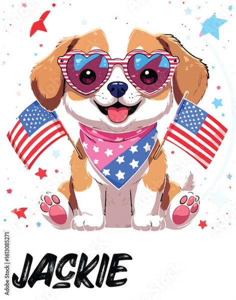 Obraz Kawaii Patriotic Puppy with Heart Sunglasses and American Flags – Cute Sticker-Style Illustration on Black Background