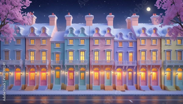 Fototapeta Symmetrical pastel row houses with chimneys, balconies, and starry night sky, great for architectural visuals, fantasy art, and winter illustration.