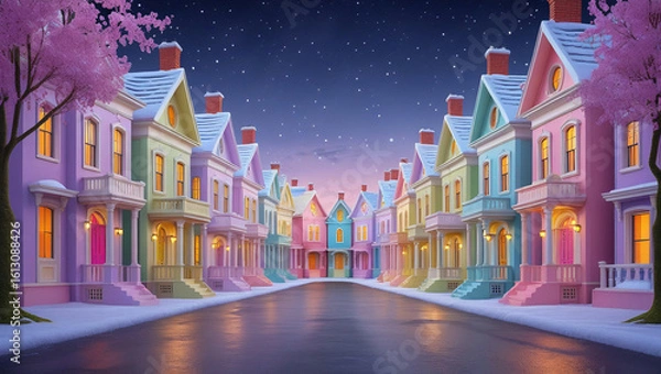 Fototapeta Charming pastel Victorian townhouses framed by blossom trees and snowfall, ideal for greeting cards, decorative prints, and magical urban scenes.