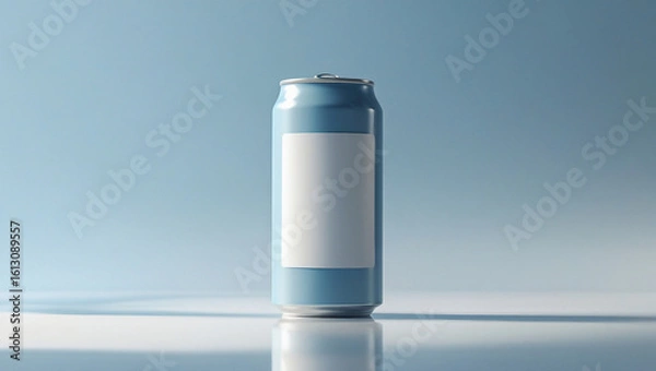Fototapeta Soft blue matte kombucha can with blank label on reflective white surface, great for branding projects, beverage mockup, and marketing visuals