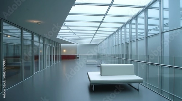 Fototapeta Modern hallway with glass walls, ceiling and white seating. The lighting is bright. The colors are neutral