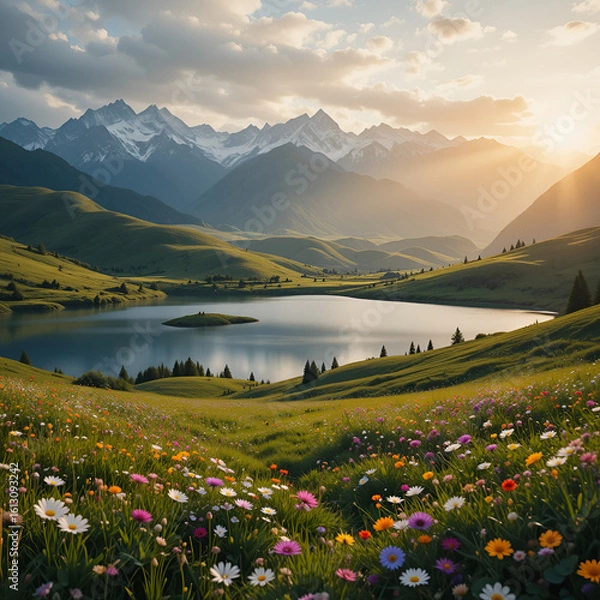 Fototapeta Majestic Alpine Sunrise Over Wildflower Meadow and Serene Lake in Springtim
