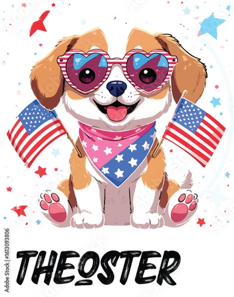 Obraz Kawaii Patriotic Puppy with Heart Sunglasses and American Flags – Cute Sticker-Style Illustration 