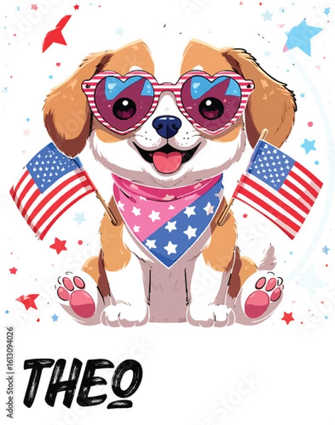 Obraz Kawaii Patriotic Puppy with Heart Sunglasses and American Flags – Cute Sticker-Style Illustration 