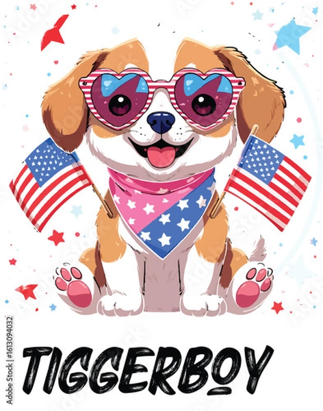 Obraz Kawaii Patriotic Puppy with Heart Sunglasses and American Flags – Cute Sticker-Style Illustration 