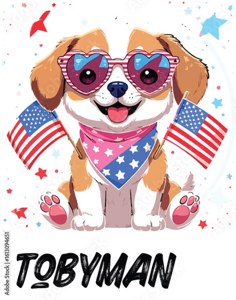 Fototapeta Kawaii Patriotic Puppy with Heart Sunglasses and American Flags – Cute Sticker-Style Illustration 