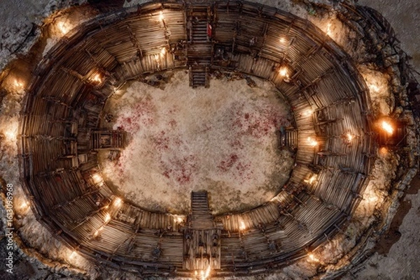 Fototapeta Top-down view of a circular wooden battle arena with staircases, torches, and a bloodstained dirt floor, evoking a gritty fantasy combat setting or ancient gladiator pit