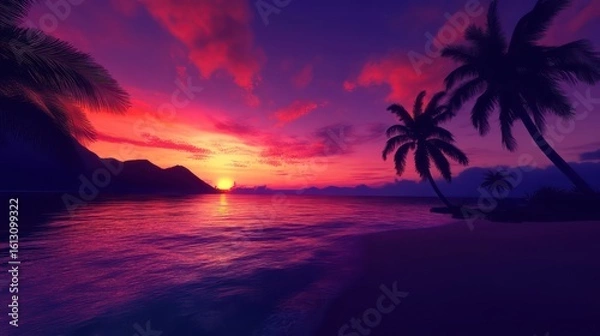 Fototapeta Vivid Sunset Over Tropical Beach with Palm Trees and Dramatic Sky