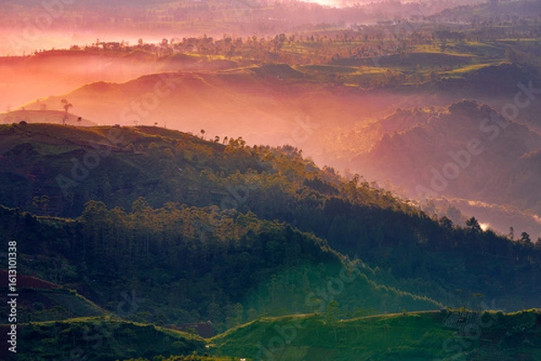 Fototapeta sunrise over the mountains at Taman Langit Pangalengan Bandung West Java Indonesia