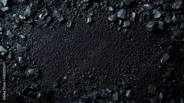 Fototapeta Black Coal Texture: A close-up of coarse black coal chunks and fine granules, showcasing the raw texture and intricate patterns in a dark environment.