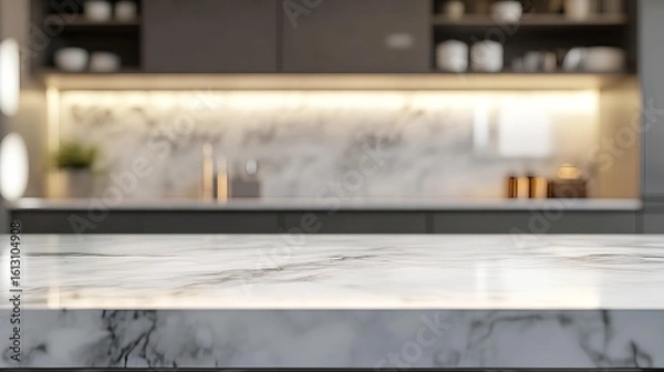 Fototapeta Elegant Kitchen Interior: A pristine countertop made of marble graces the foreground, blending seamlessly with the subtle illumination and the clean aesthetics of a modern kitchen. 