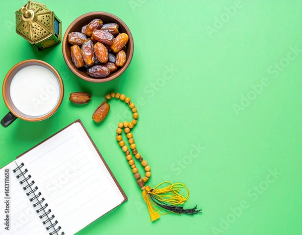 Fototapeta Flat lay featuring dates in a wooden bowl, milk, prayer beads with tassels, a lit lantern, and an open blank notebook on a green surface. A peaceful arrangement evoking spirituality and reflection