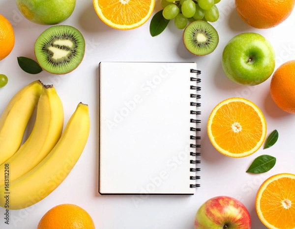 Fototapeta Colorful fruits including bananas, kiwis, oranges, grapes, and apples encircle a blank spiral notebook in this vibrant top-down composition