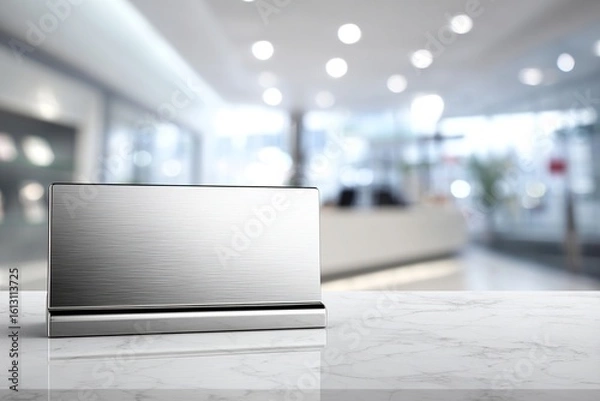 Obraz Silver nameplate on marble, blurred lobby background, creating depth and modern feel