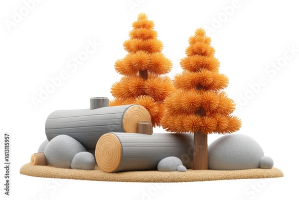 Fototapeta Colorful orange trees and logs in nature 3d illustration outdoors. Isolated on transparent background, png.