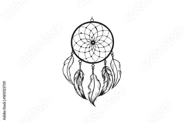 Fototapeta Detailed black and white illustration of a dreamcatcher with feathers intricate web design and a circular frame perfect for spiritual or artistic projects and cultural