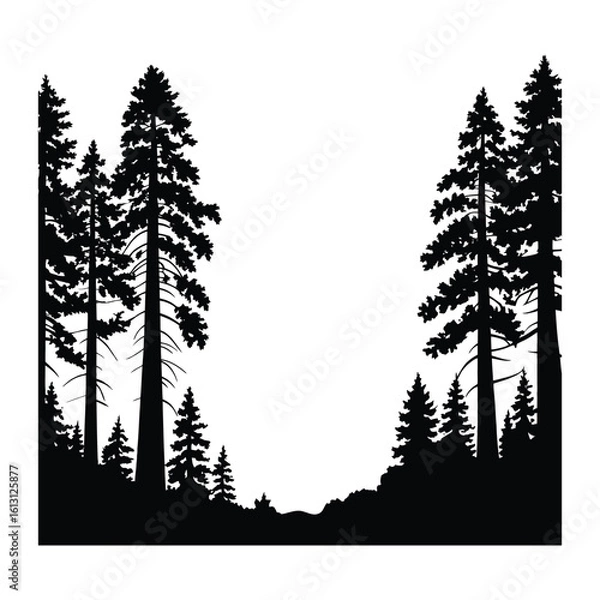 Fototapeta Redwood Trees with Fog Silhouette, Vector, Illustration, Outline, Line Art, Icon, White Background.