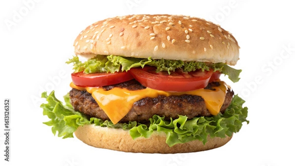 Fototapeta Classic hamburger with lettuce, tomato, and melted cheese on sesame bun on transparent background