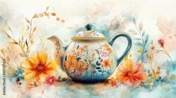 Fototapeta Artistic teapot with flowers on painted background, serene mood