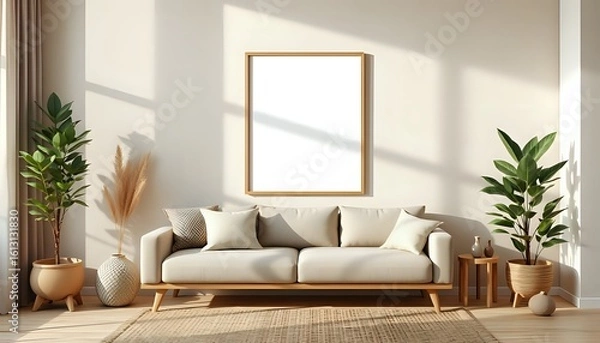 Fototapeta modern japandi living room with vertical mockup frame, warm wooden textures in beige color palette