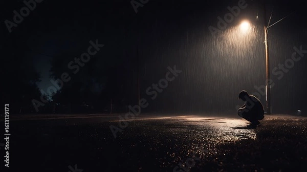Fototapeta  Man Sitting Under A Lone Streetlight At Night On An Empty Road, Hunched Over In Deep Thought, With Visible Raindrops Falling Around Him, Wet Asphalt Reflecting The Light Glow, Evoking Emotions Of 