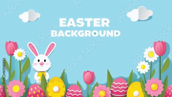 Fototapeta Easter themed illustration with a bunny, flowers, easter eggs and clouds on a light blue background design