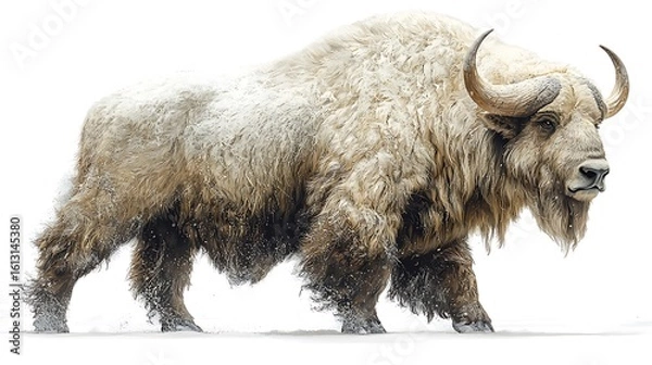 Fototapeta Majestic shaggy bovine trudging through snowy terrain