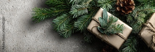 Fototapeta Festive gift arrangement with greenery on a textured surface during the holiday season