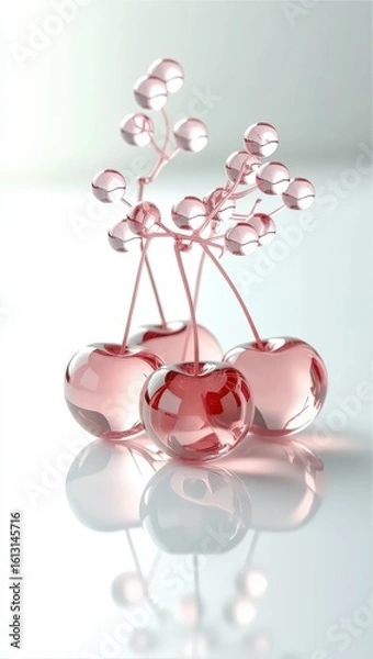 Obraz Elegant Pink Cherry Fruit with Metallic Berries and Stems on White Reflective Surface