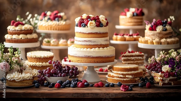 Fototapeta Delicious Two-Tiered Cake with Berries and Flowers, Surrounded by Assorted Pastries and Fresh Fruit on Rustic Wooden Table