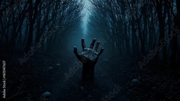 Obraz Spooky Zombie Hand Reaching Up from Dark, Eerie Forest with Skulls