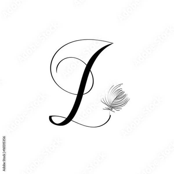 Obraz Hand drawn lettering letter L in modern calligraphy style. Boho art print with decorative feathers.