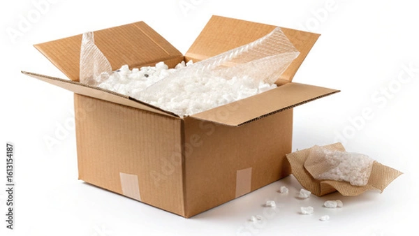 Fototapeta Partially opened cardboard box filled with packing material, showcasing neat arrangement of white packing peanuts and bubble wrap. scene conveys sense of organization and readiness for shipping
