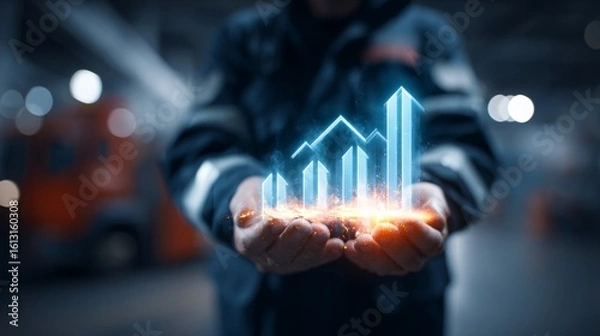 Obraz A firefighter holds a glowing blue bar graph symbolizing data analytics