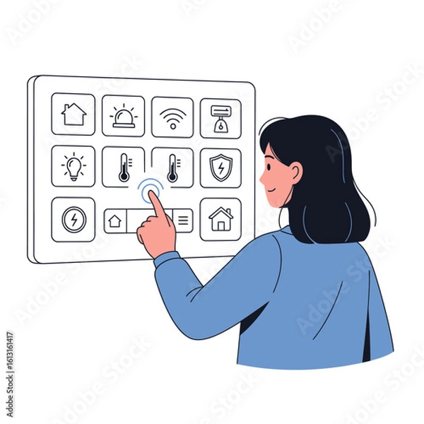 Obraz Woman interacts with a smart home control panel, adjusting temperature and managing home automation features.